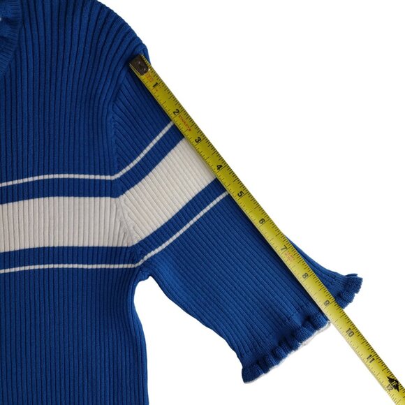 Magaschoni Blue White Stretchy Rib Knit Top Med Ruffle Edge Neck & Sleeves NWT - Picture 8 of 8